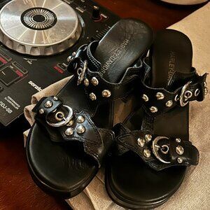 Black leather Harley Davidson sandals with silver studs